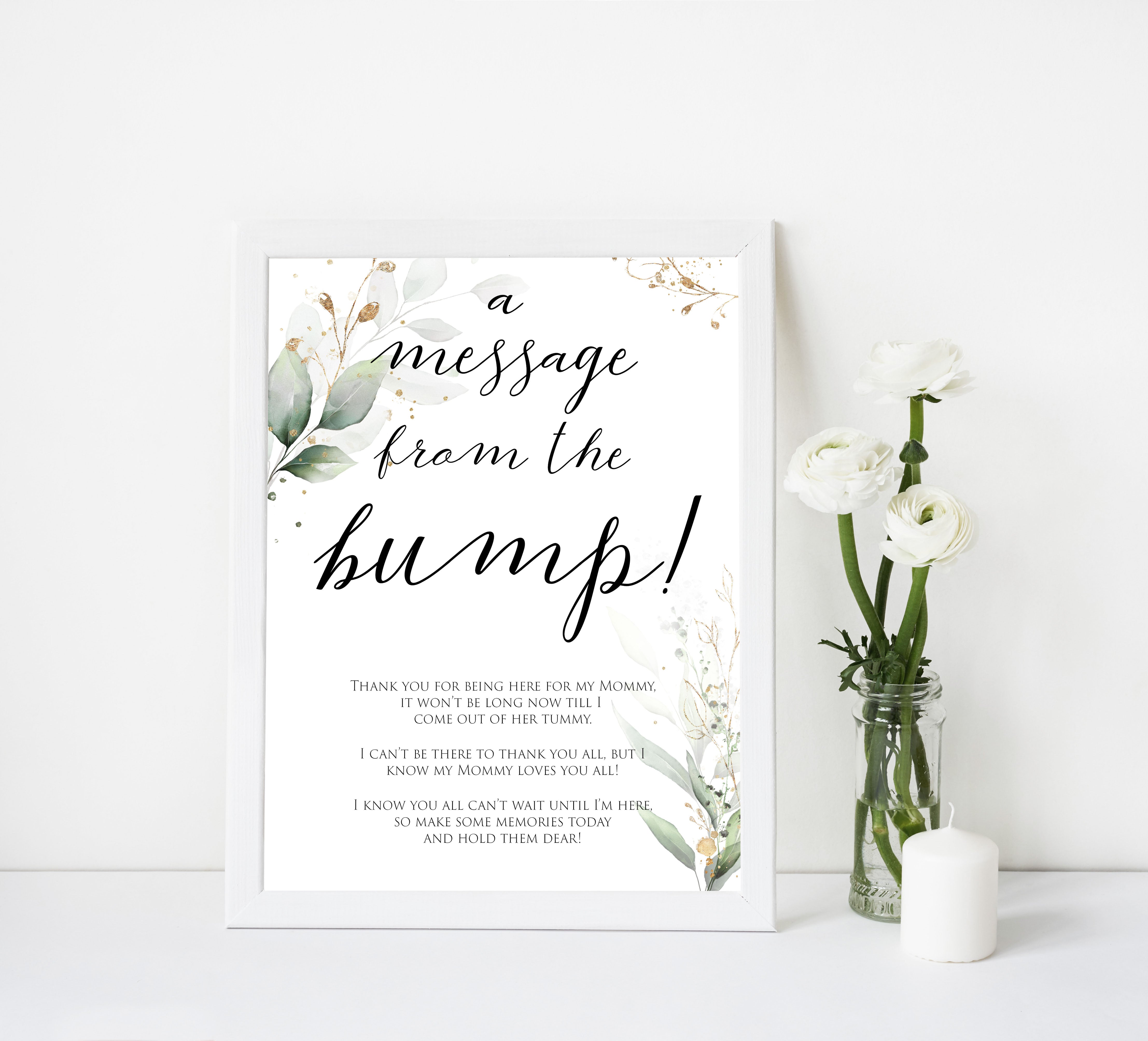 Gold green leaf baby games, message from the bump, printable baby games, fun baby games, top baby games to play, gold leaf baby shower, greenery baby shower ideas