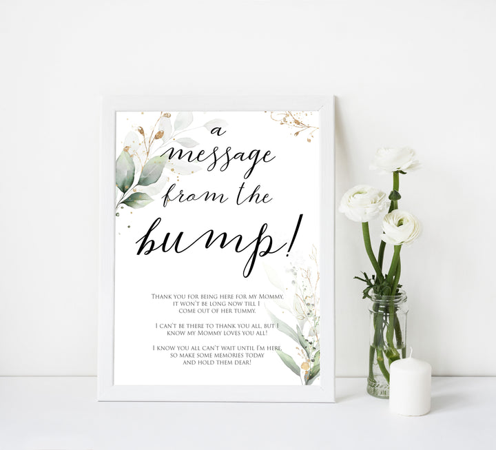 Gold green leaf baby games, message from the bump, printable baby games, fun baby games, top baby games to play, gold leaf baby shower, greenery baby shower ideas