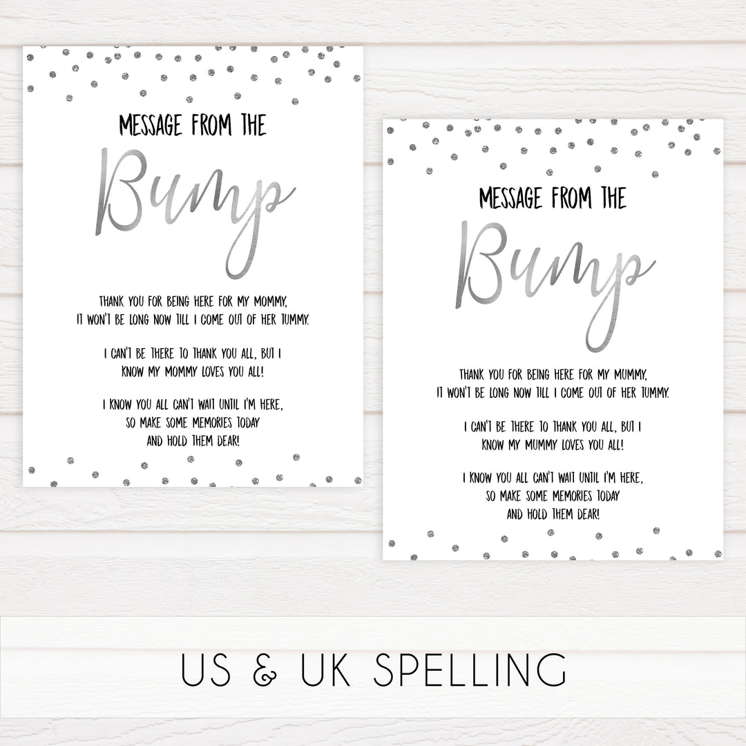 message from the bump game, Printable baby shower games, baby silver glitter fun baby games, baby shower games, fun baby shower ideas, top baby shower ideas, silver glitter shower baby shower, friends baby shower ideas