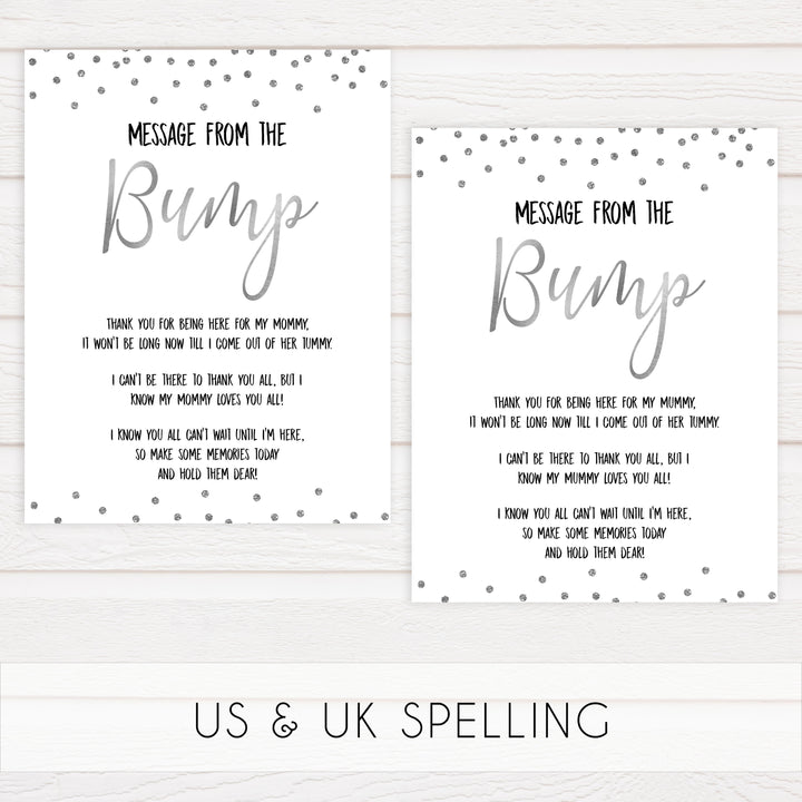 message from the bump game, Printable baby shower games, baby silver glitter fun baby games, baby shower games, fun baby shower ideas, top baby shower ideas, silver glitter shower baby shower, friends baby shower ideas