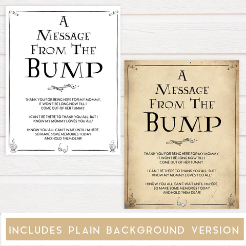 Message From the Bump Baby Sign, Wizard baby shower games, printable baby shower games, Harry Potter baby games, Harry Potter baby shower, fun baby shower games,  fun baby ideas