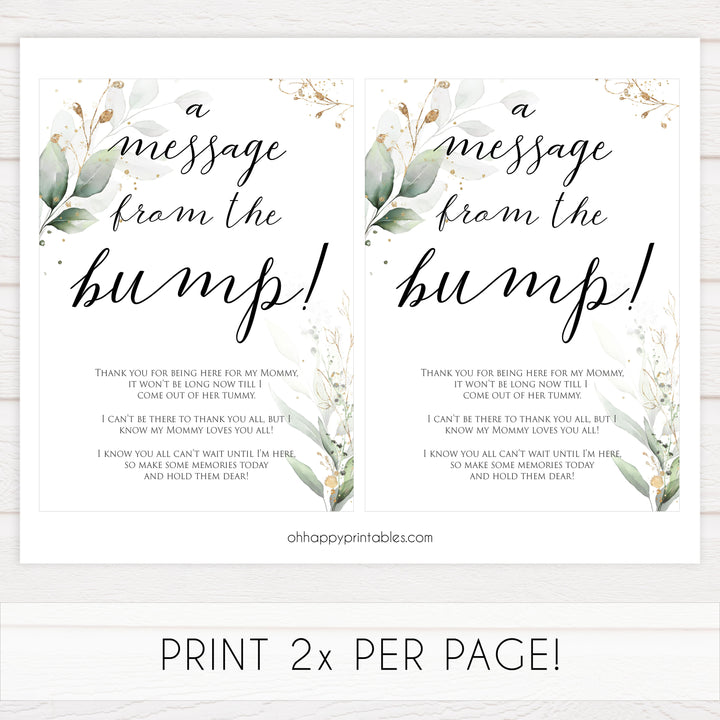 Gold green leaf baby games, message from the bump, printable baby games, fun baby games, top baby games to play, gold leaf baby shower, greenery baby shower ideas