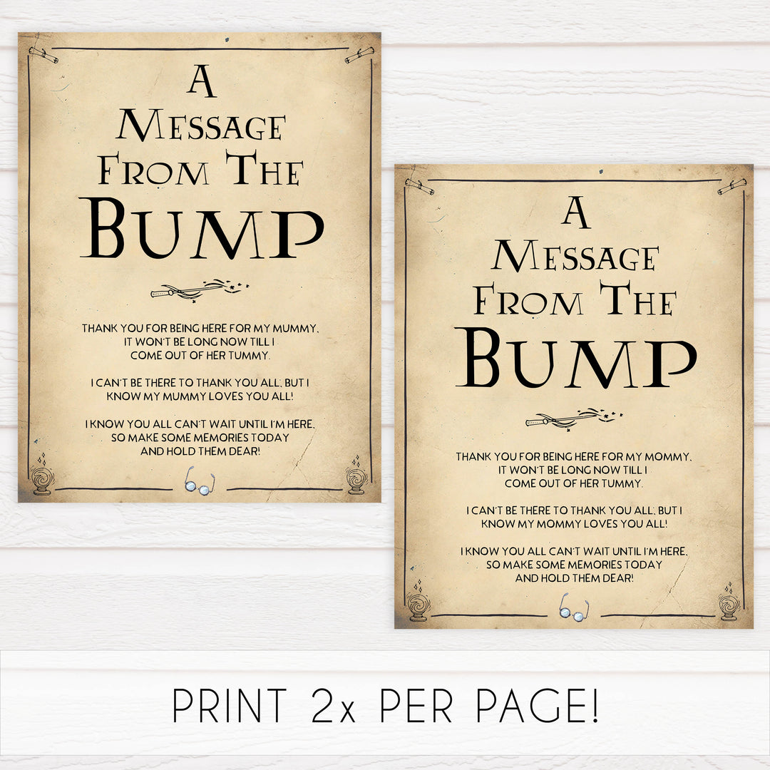 Message From the Bump Baby Sign, Wizard baby shower games, printable baby shower games, Harry Potter baby games, Harry Potter baby shower, fun baby shower games,  fun baby ideas