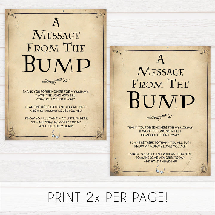 Message From the Bump Baby Sign, Wizard baby shower games, printable baby shower games, Harry Potter baby games, Harry Potter baby shower, fun baby shower games,  fun baby ideas