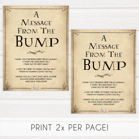 Message From the Bump Baby Sign, Wizard baby shower games, printable baby shower games, Harry Potter baby games, Harry Potter baby shower, fun baby shower games,  fun baby ideas