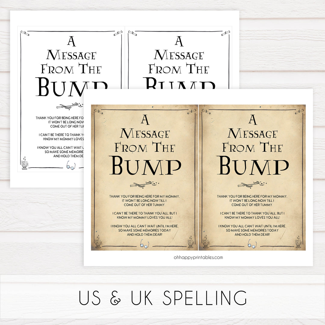 Message From the Bump Baby Sign, Wizard baby shower games, printable baby shower games, Harry Potter baby games, Harry Potter baby shower, fun baby shower games,  fun baby ideas
