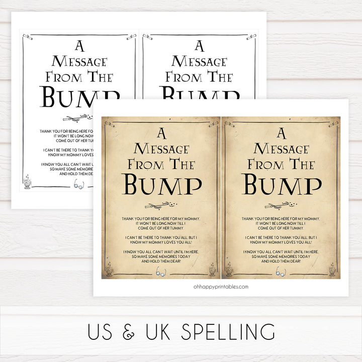 Message From the Bump Baby Sign, Wizard baby shower games, printable baby shower games, Harry Potter baby games, Harry Potter baby shower, fun baby shower games,  fun baby ideas