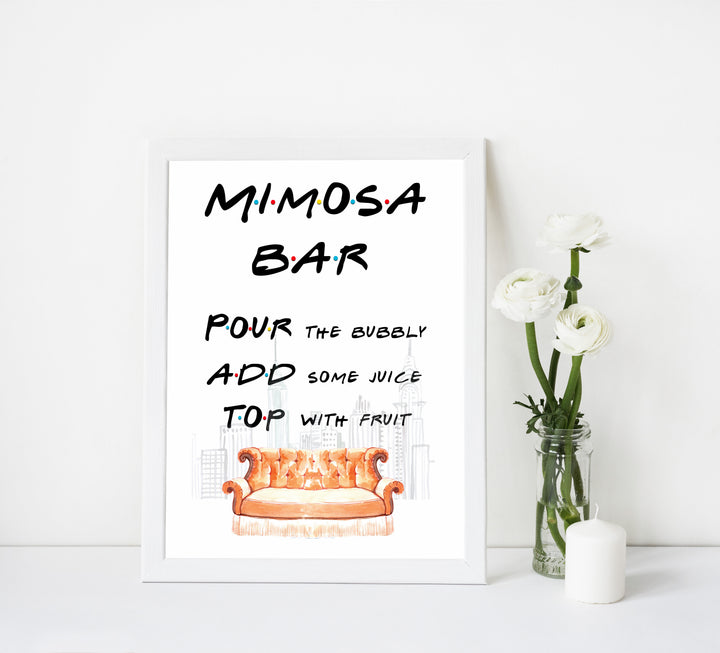 mimosa bar sign, mimosa friends table sign, Printable bridal shower signs, friends bridal shower decor, friends bridal shower decor ideas, fun bridal shower decor, bridal shower game ideas, friends bridal shower ideas
