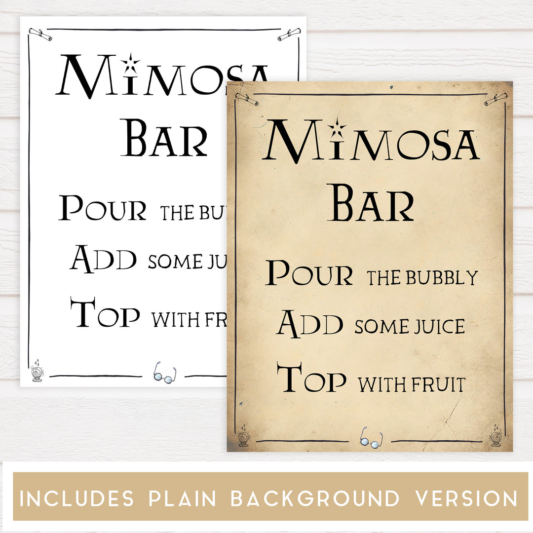 mimosa bridal table signs, Printable bridal shower signs, Harry Potter bridal shower decor, Harry Potter bridal shower decor ideas, fun bridal shower decor, bridal shower game ideas, Harry Potter bridal shower ideas