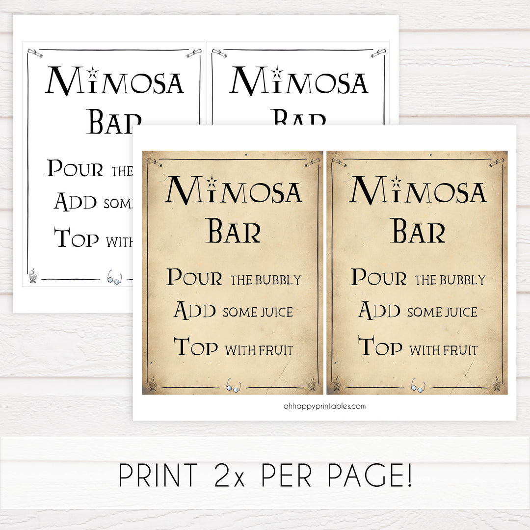 mimosa bridal table signs, Printable bridal shower signs, Harry Potter bridal shower decor, Harry Potter bridal shower decor ideas, fun bridal shower decor, bridal shower game ideas, Harry Potter bridal shower ideas