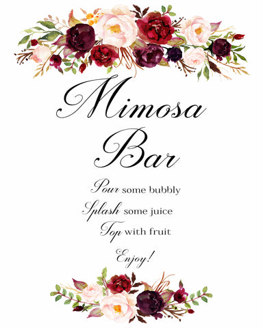 Mimosa Bar marsala flower wedding sign printable