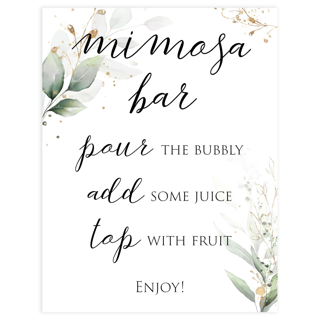 mimosa bridal sign, Printable bridal shower signs, greenery bridal shower decor, gold leaf bridal shower decor ideas, fun bridal shower decor, bridal shower game ideas, greenery bridal shower ideas