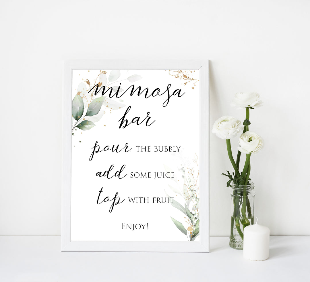 mimosa bridal sign, Printable bridal shower signs, greenery bridal shower decor, gold leaf bridal shower decor ideas, fun bridal shower decor, bridal shower game ideas, greenery bridal shower ideas