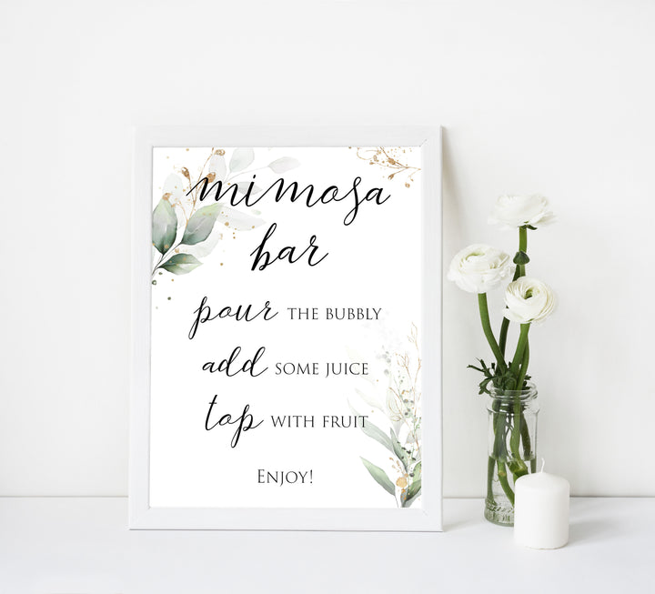 mimosa bridal sign, Printable bridal shower signs, greenery bridal shower decor, gold leaf bridal shower decor ideas, fun bridal shower decor, bridal shower game ideas, greenery bridal shower ideas