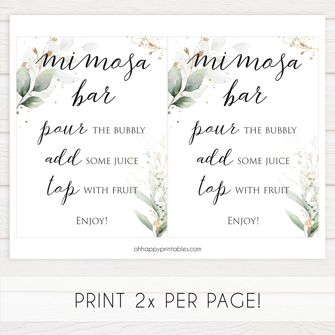 mimosa bridal sign, Printable bridal shower signs, greenery bridal shower decor, gold leaf bridal shower decor ideas, fun bridal shower decor, bridal shower game ideas, greenery bridal shower ideas