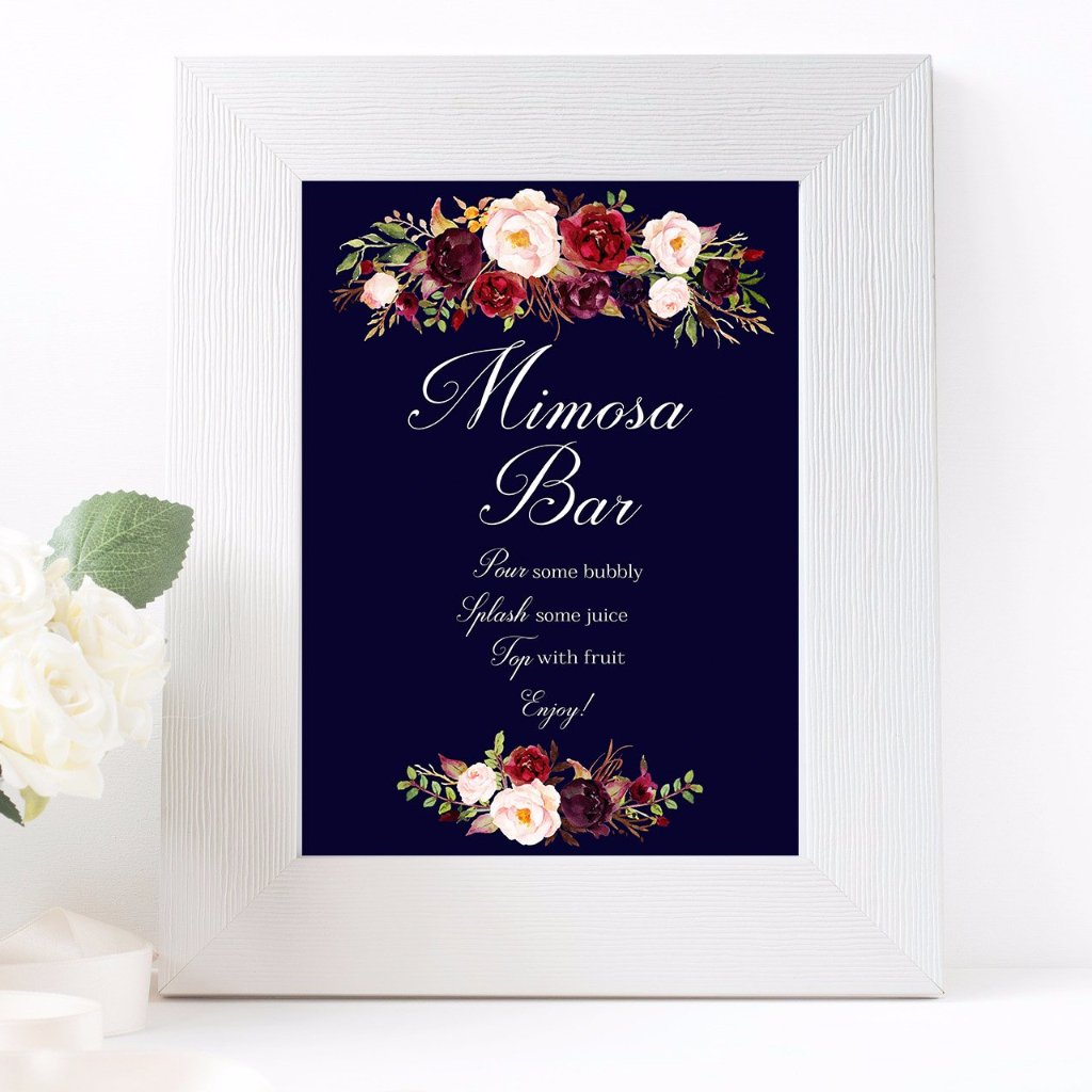 Mimosa Bar wedding sign marsala floral ark blue design printable
