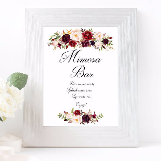 Mimosa Bar wedding sign marsala floral design printable