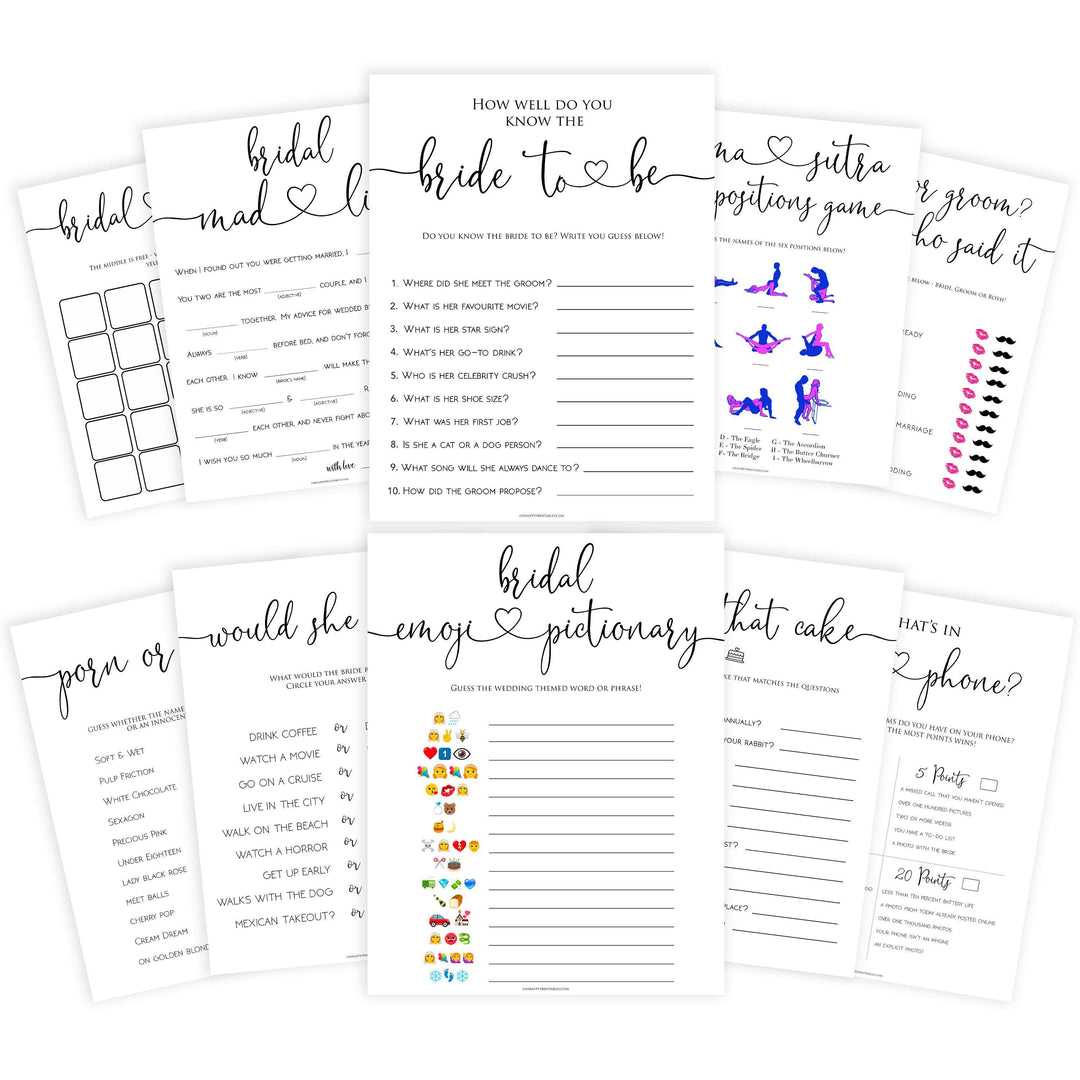 minimalist bridal shower games, bridal shower games bundle, printable bridal games, bridal emoji pictionary, how knows the bridal, top bridal shower games