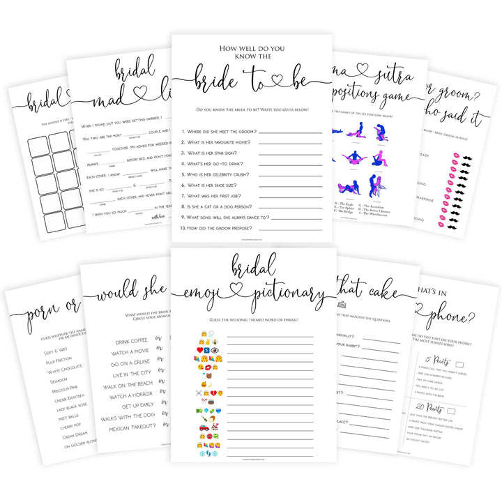 minimalist bridal shower games, bridal shower games bundle, printable bridal games, bridal emoji pictionary, how knows the bridal, top bridal shower games