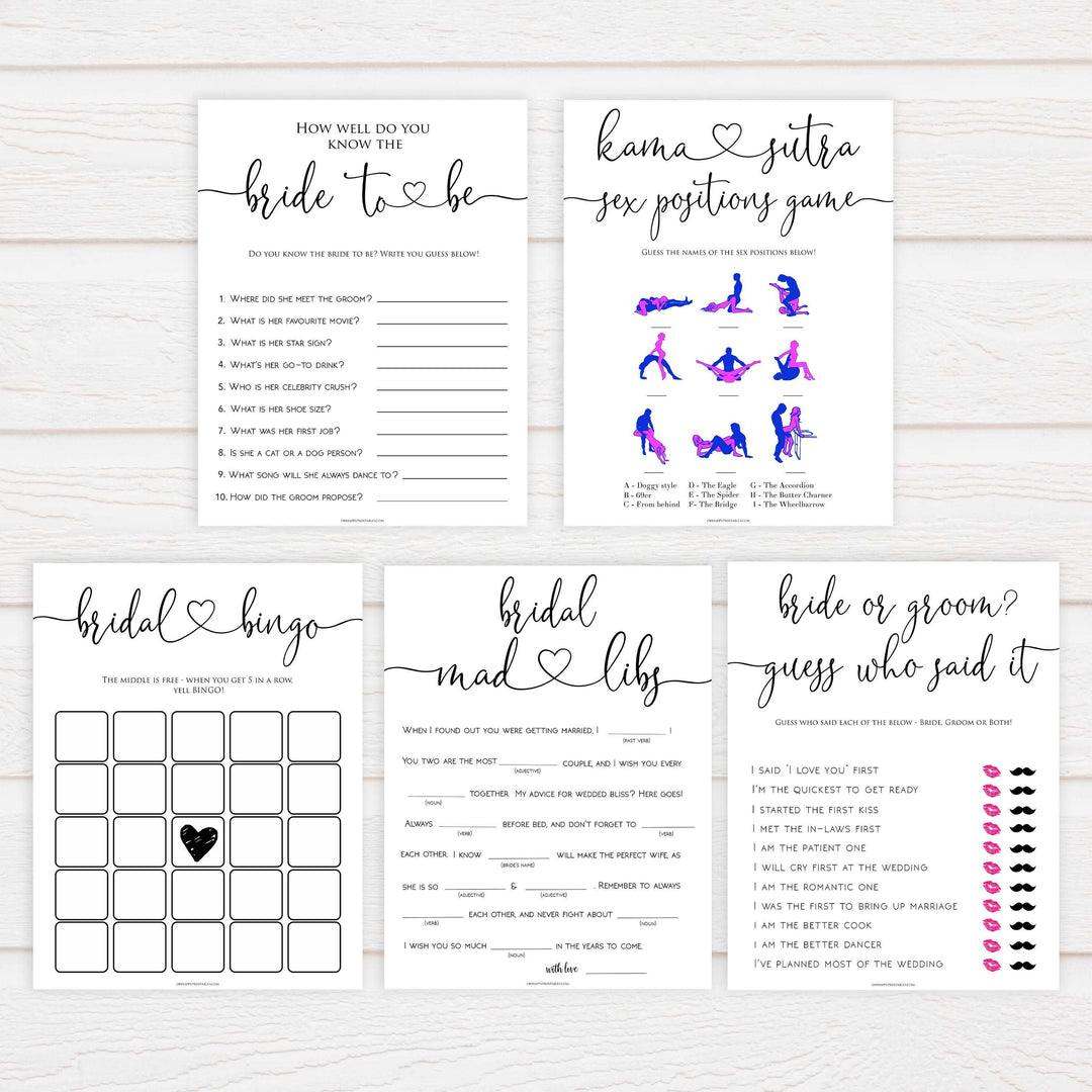 minimalist bridal shower games, bridal shower games bundle, printable bridal games, bridal emoji pictionary, how knows the bridal, top bridal shower games