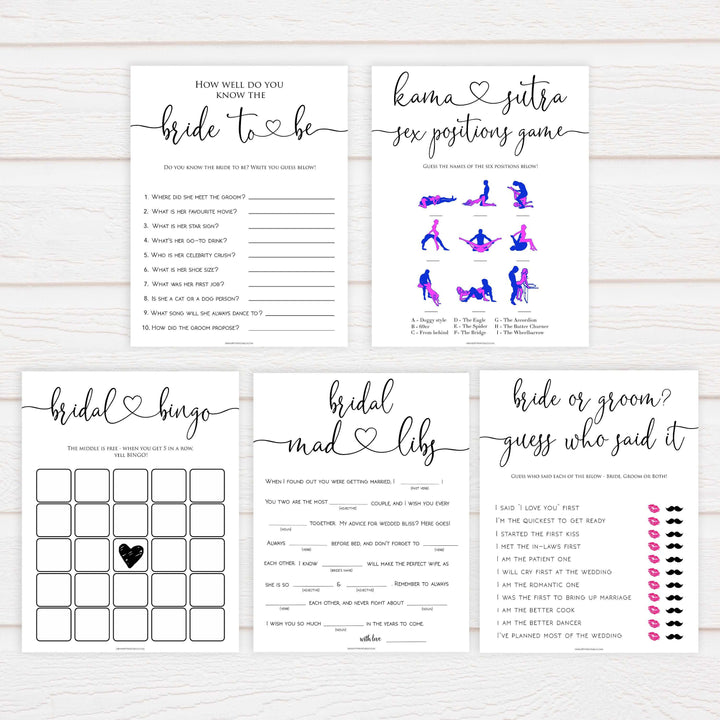 minimalist bridal shower games, bridal shower games bundle, printable bridal games, bridal emoji pictionary, how knows the bridal, top bridal shower games