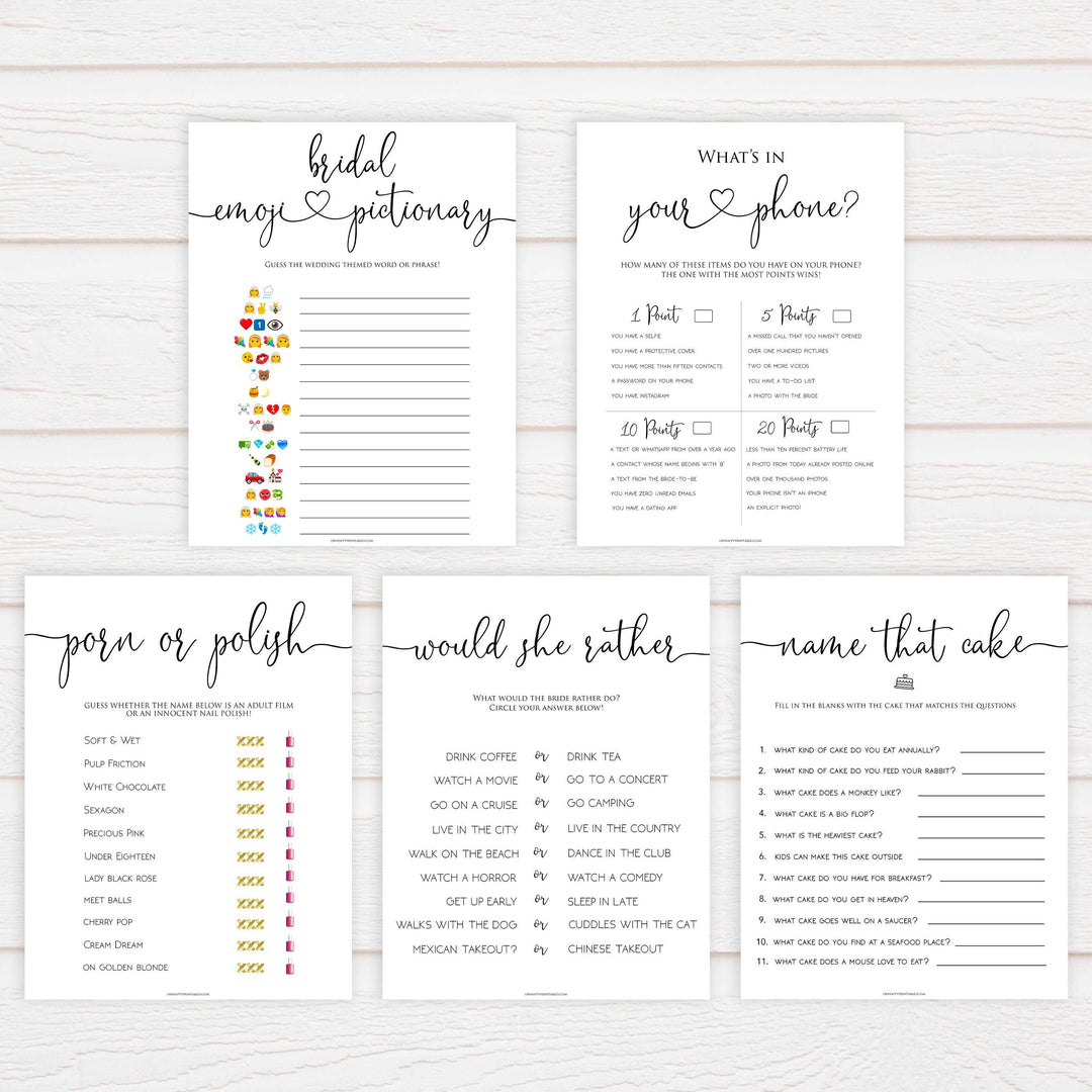 minimalist bridal shower games, bridal shower games bundle, printable bridal games, bridal emoji pictionary, how knows the bridal, top bridal shower games
