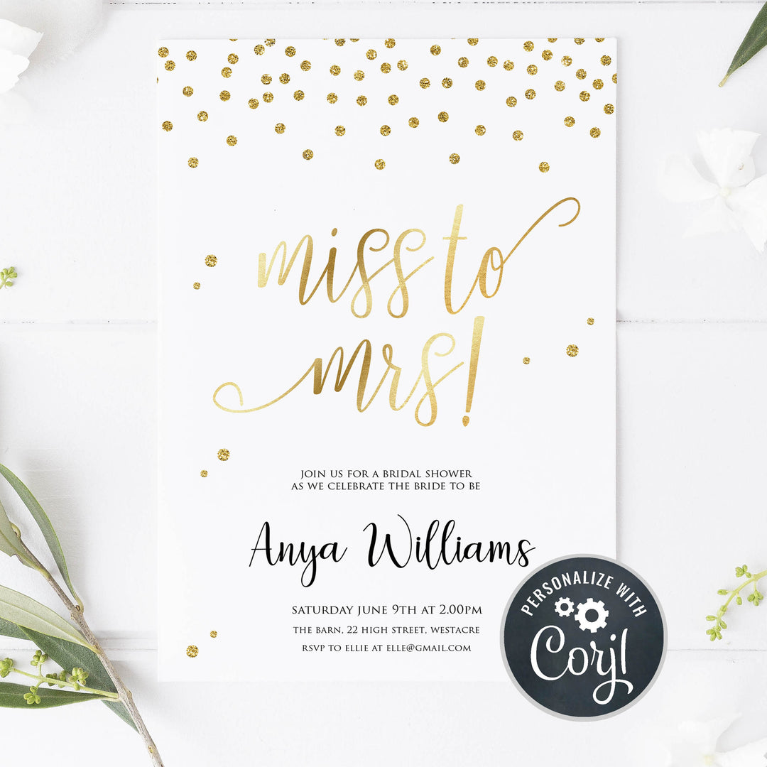 editable miss to mrs invitation, printable miss to mrs invitations, gold bridal shower invitations, editable bridal shower invitations