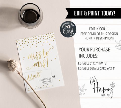 editable miss to mrs invitation, printable miss to mrs invitations, gold bridal shower invitations, editable bridal shower invitations