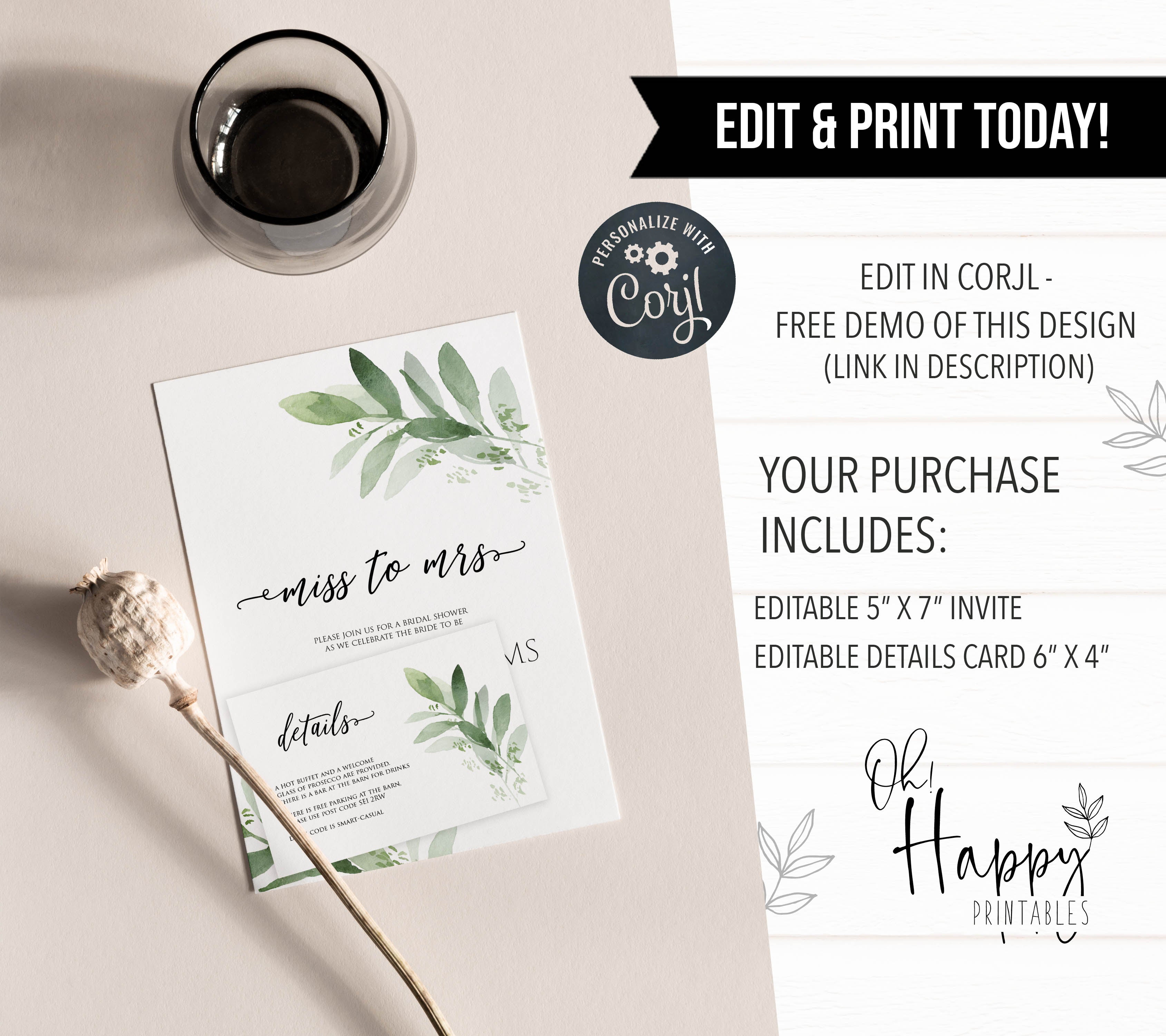 EDITABLE miss to mrs bridal shower invite, greenery bridal shower invite, mobile invites, editable bridal shower invite, corjl bridal invite, bachelorette party invite