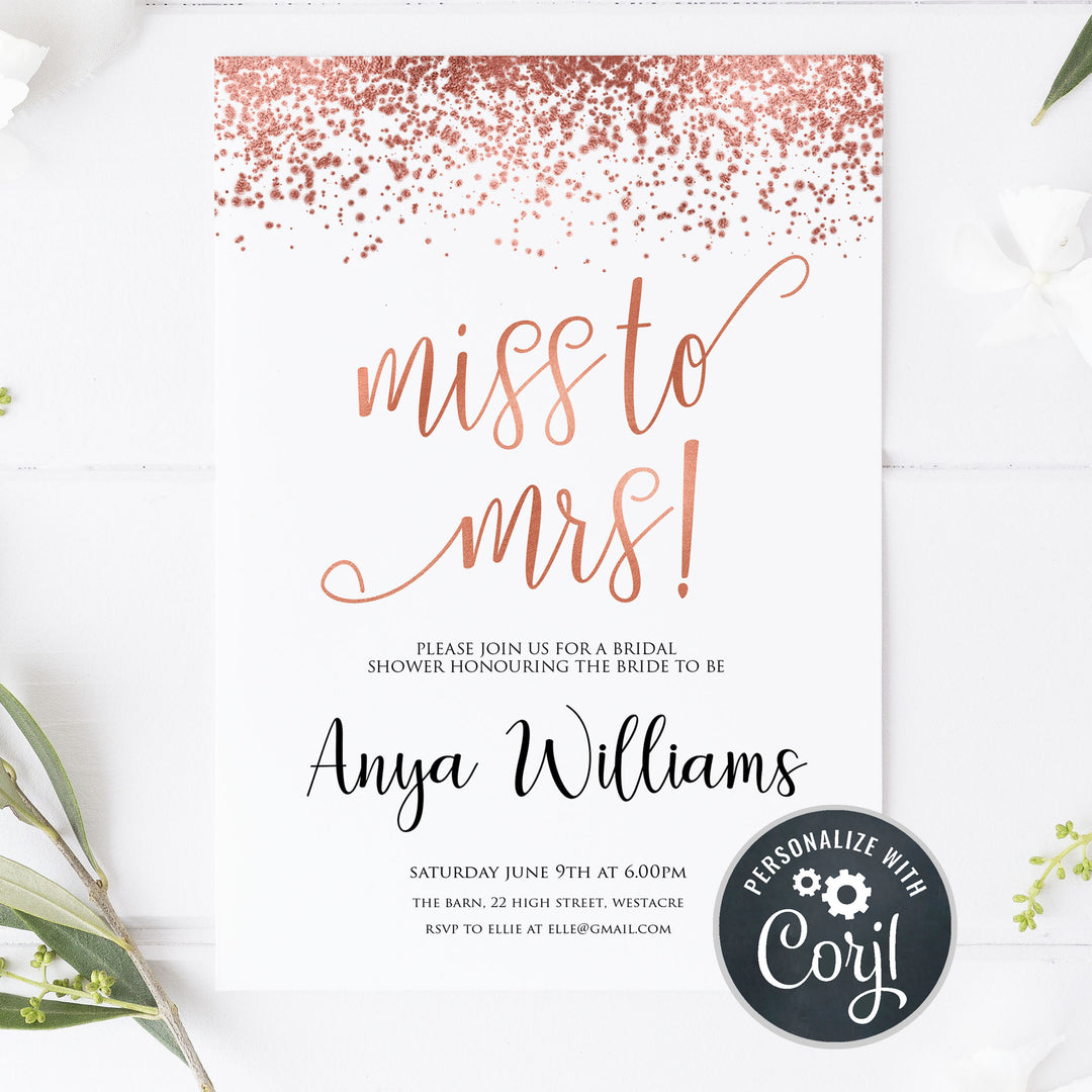 Miss to Mrs invite, rose gold hen party invite, editable hen party invite, corjl editable invite, cell phone bridal shower invite