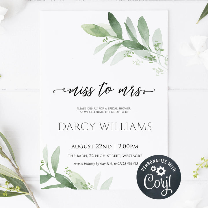 EDITABLE miss to mrs bridal shower invite, greenery bridal shower invite, mobile invites, editable bridal shower invite, corjl bridal invite, bachelorette party invite
