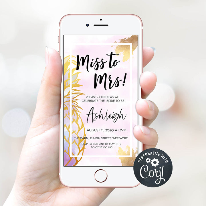 editable miss to mrs invitation, editable bridal shower invitation, miss to mrs invite, editable mobile invitation, pineapple miss to mrs invitation