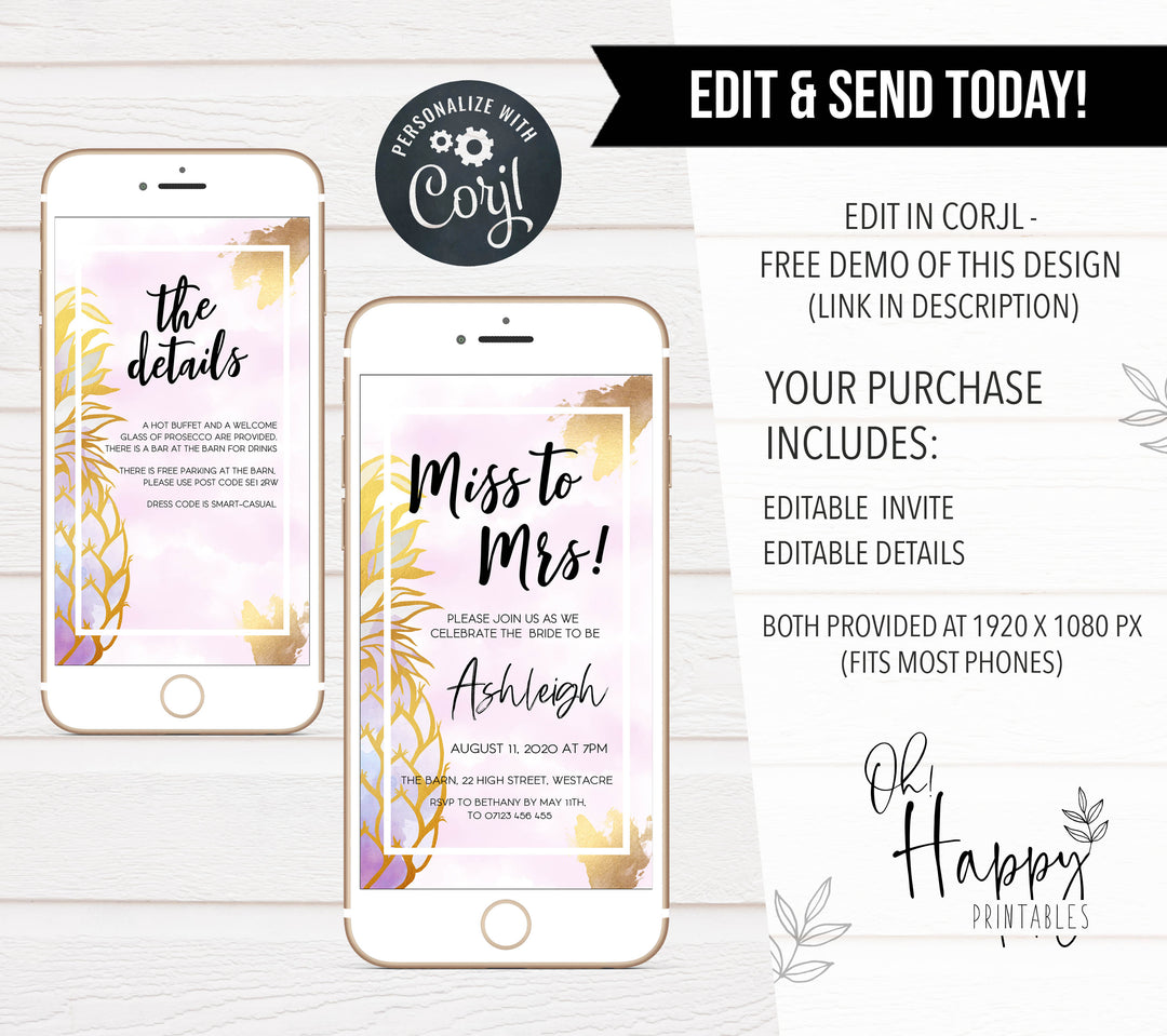 editable miss to mrs invitation, editable bridal shower invitation, miss to mrs invite, editable mobile invitation, pineapple miss to mrs invitation