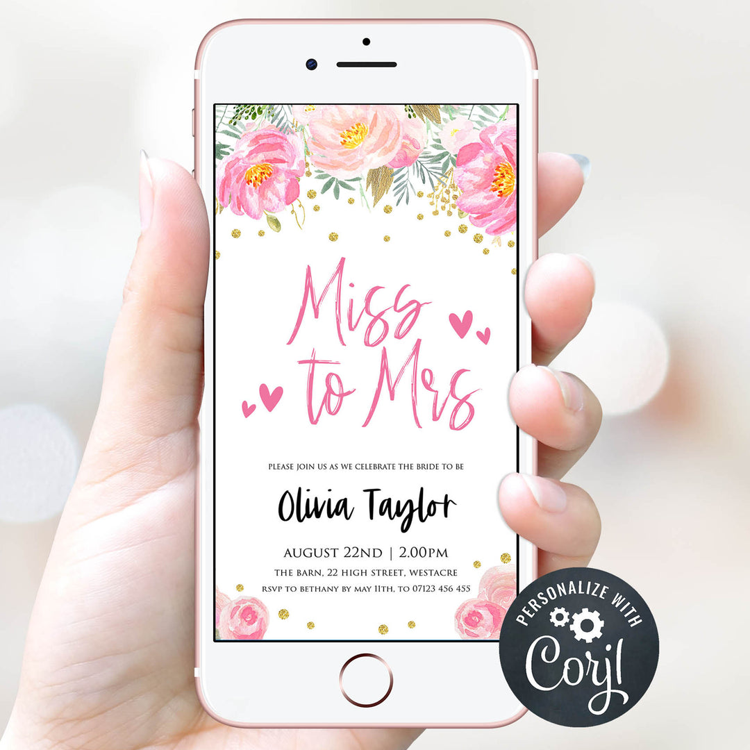 editable miss to mrs invitation, blush floral bridal shower invitation, mobile bridal shower invitation, editable bridal invite, corjl bridal shower invite