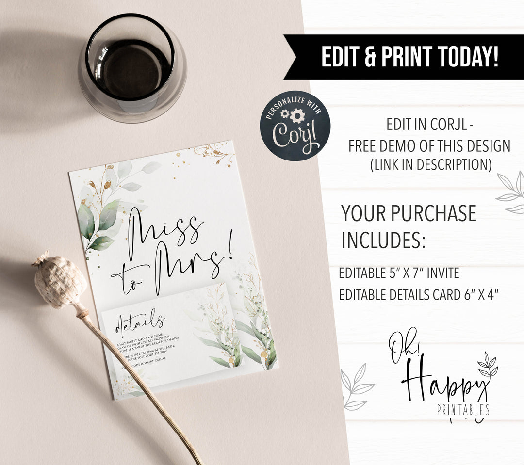 miss to mrs invitation, editable bridal shower invitations, printable bridal shower invites, floral bachelorette invites, hen party invitations, gold floral bridal invitations