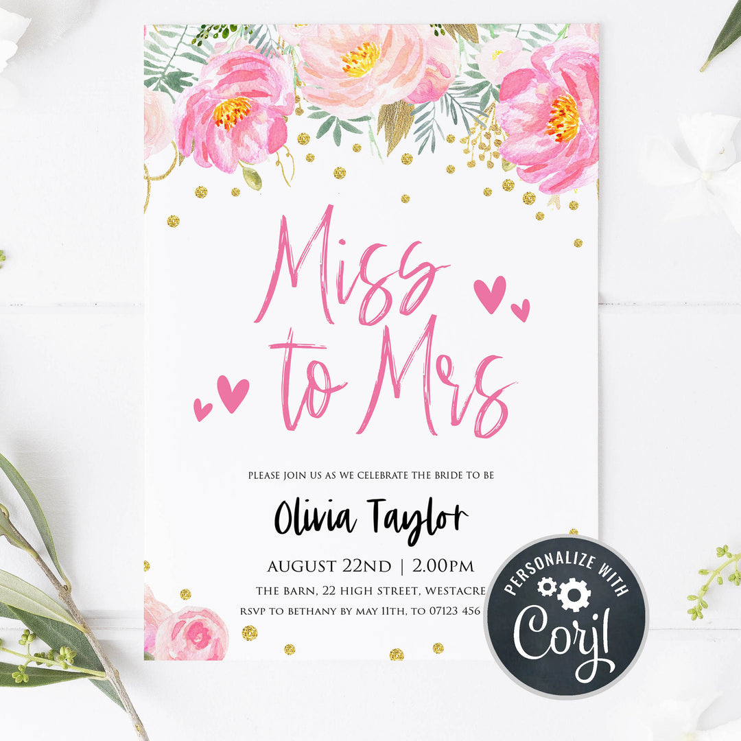 editable miss to mrs bridal shower invite, bridal invitation, blush gold bachelorette invitation, editable bridal shower invitations, corjl invite, bachelorette party invite, floral bridal invite