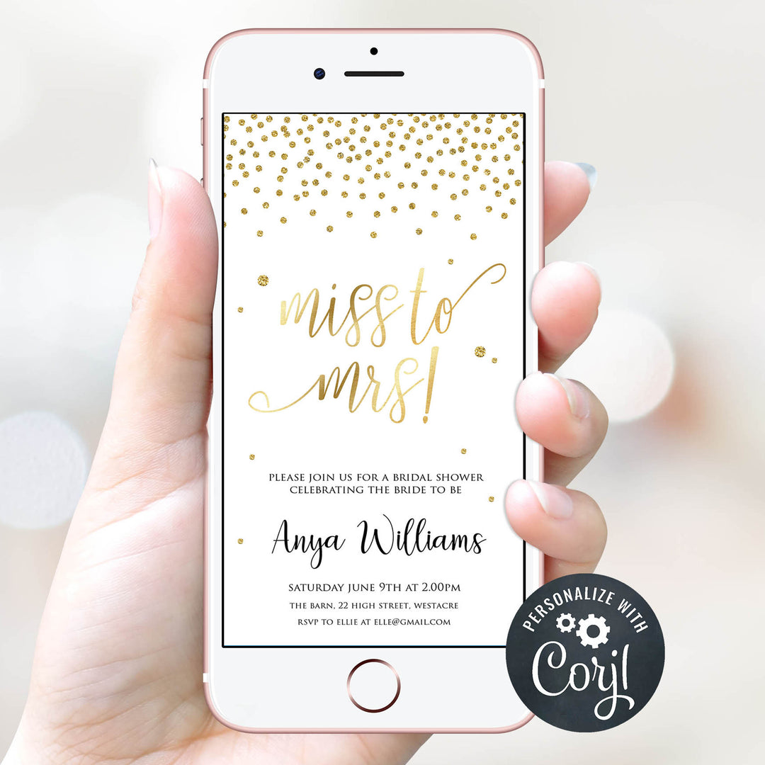 editable miss to mrs bridal shower invitation, mobile bridal shower invites, gold foil bridal shower invitations, bridal shower ideas