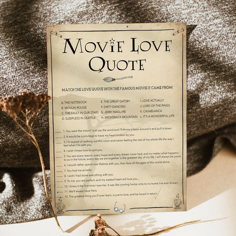 match the movie love quote game, movie love quote game, Printable bridal shower games, Harry potter bridal shower, Harry Potter bridal shower games, fun bridal shower games, bridal shower game ideas, Harry Potter bridal shower