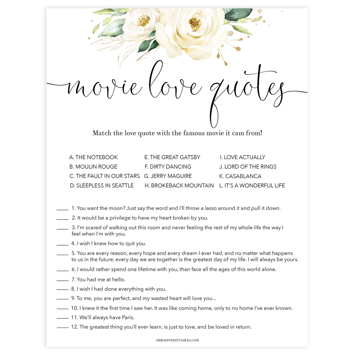 match the movie love quote game, Printable bridal shower games, floral bridal shower, floral bridal shower games, fun bridal shower games, bridal shower game ideas, floral bridal shower