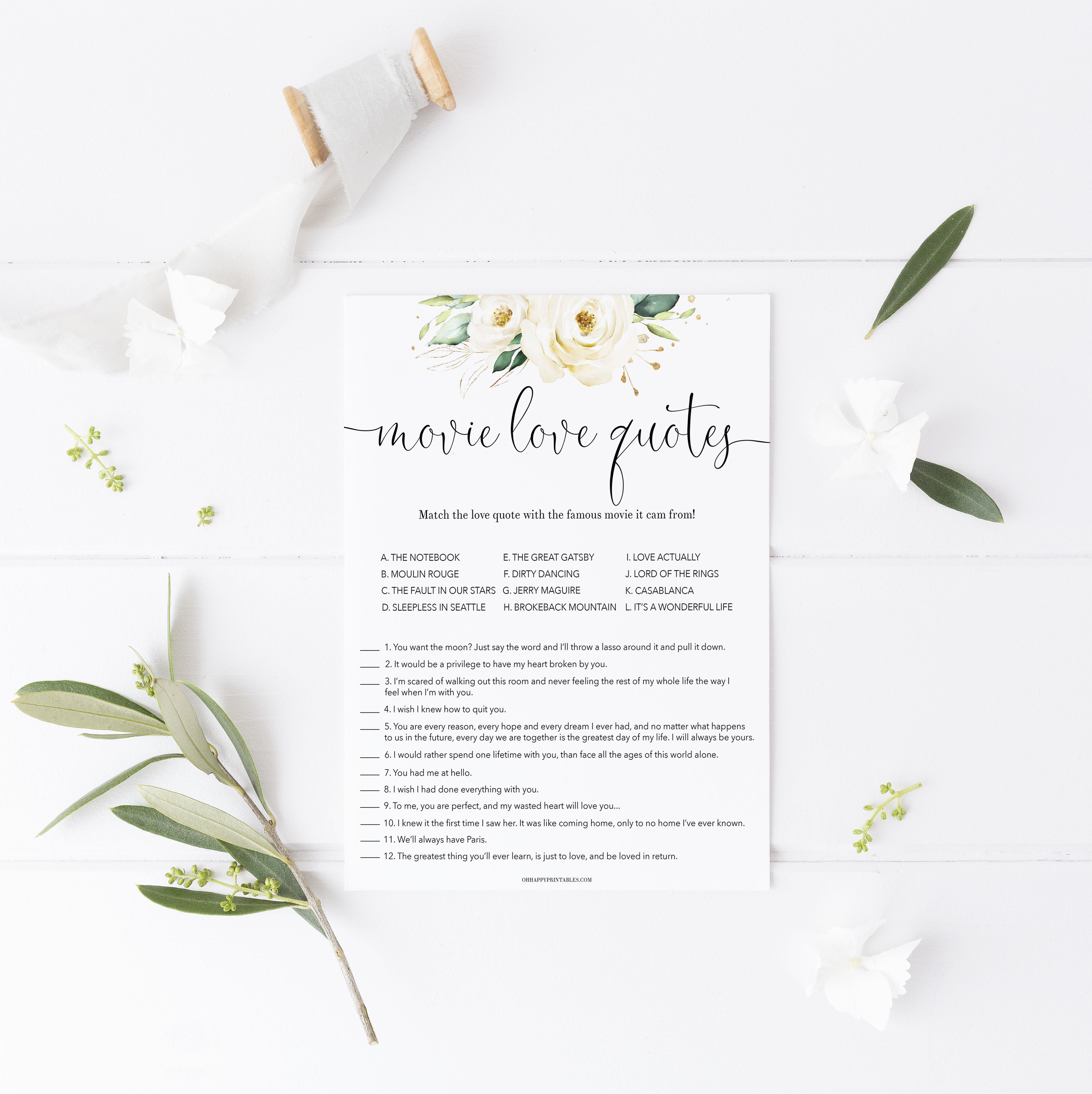 match the movie love quote game, Printable bridal shower games, floral bridal shower, floral bridal shower games, fun bridal shower games, bridal shower game ideas, floral bridal shower