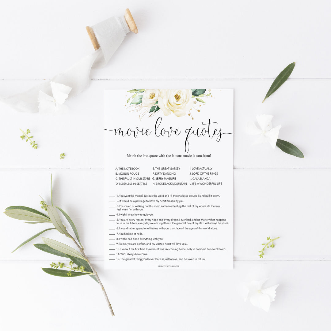 match the movie love quote game, Printable bridal shower games, floral bridal shower, floral bridal shower games, fun bridal shower games, bridal shower game ideas, floral bridal shower