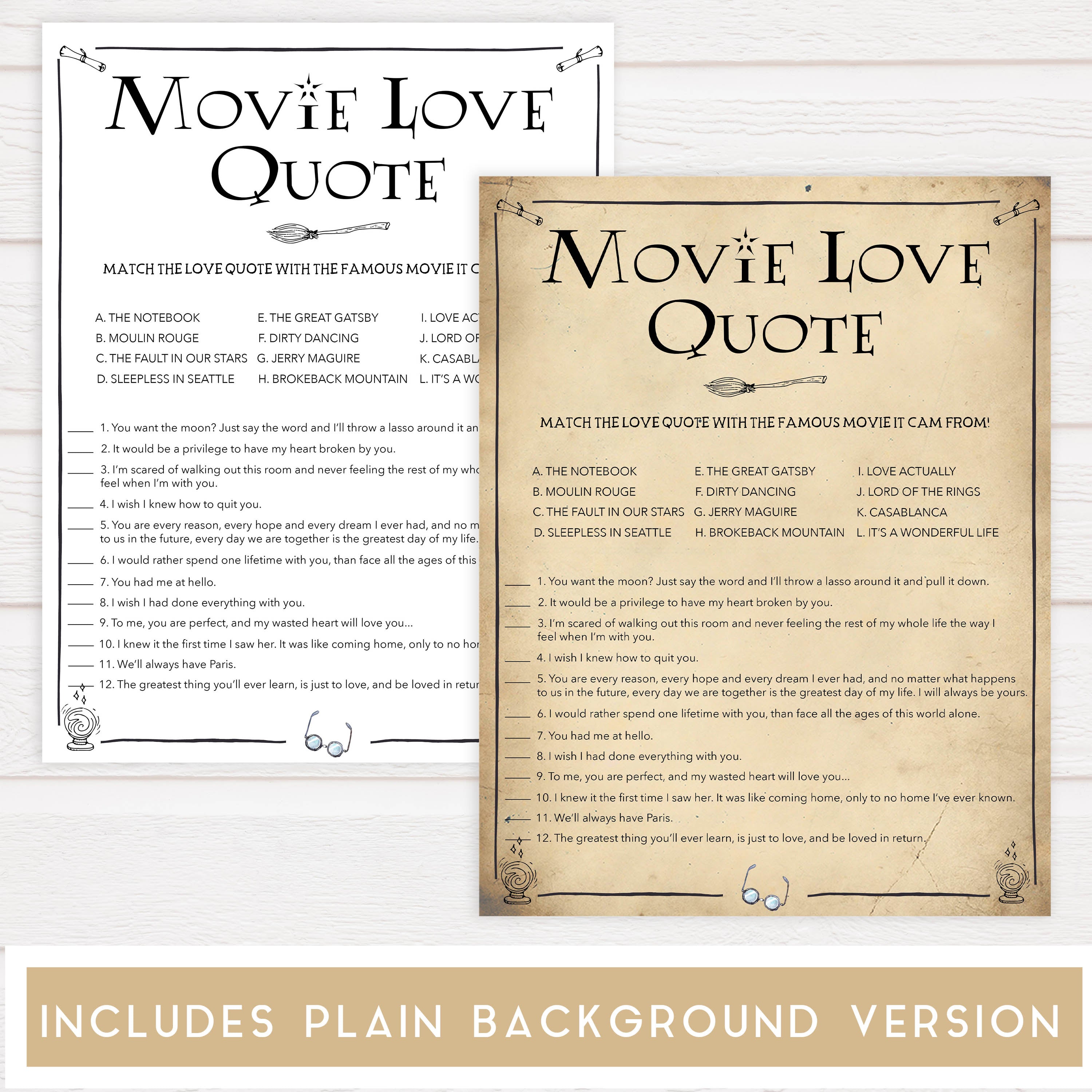 match the movie love quote game, movie love quote game, Printable bridal shower games, Harry potter bridal shower, Harry Potter bridal shower games, fun bridal shower games, bridal shower game ideas, Harry Potter bridal shower
