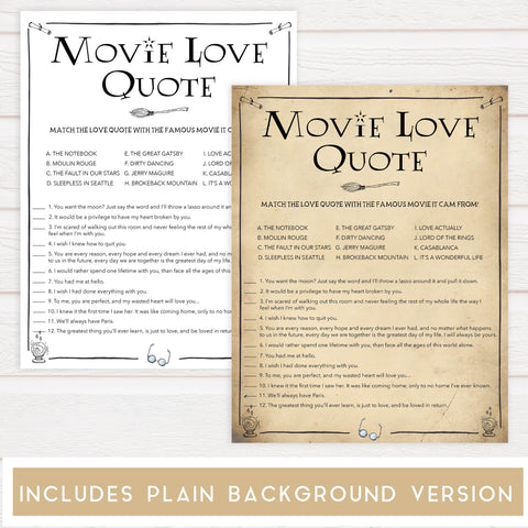 match the movie love quote game, movie love quote game, Printable bridal shower games, Harry potter bridal shower, Harry Potter bridal shower games, fun bridal shower games, bridal shower game ideas, Harry Potter bridal shower