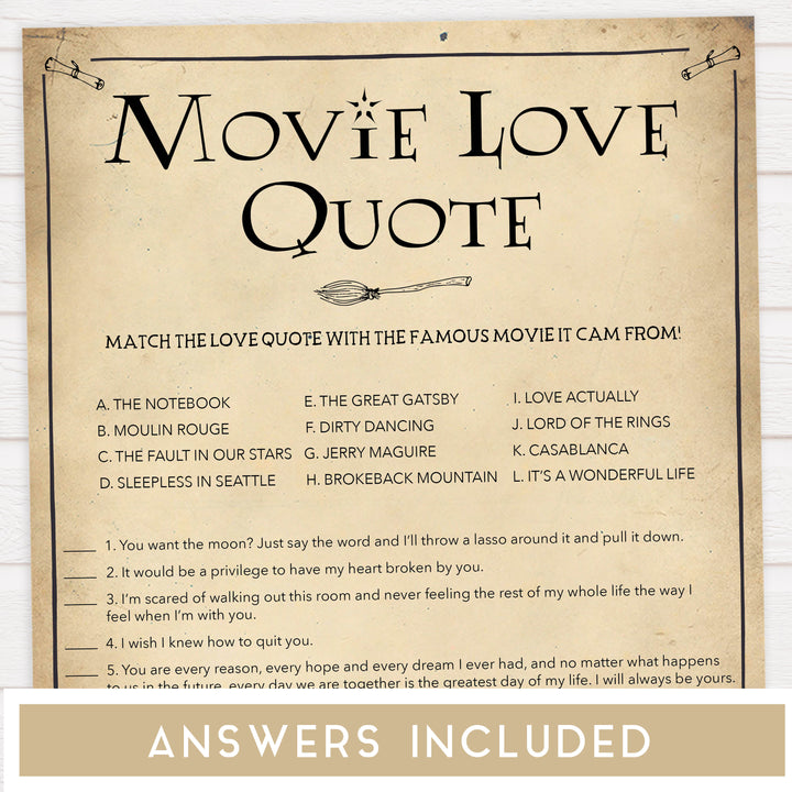 match the movie love quote game, movie love quote game, Printable bridal shower games, Harry potter bridal shower, Harry Potter bridal shower games, fun bridal shower games, bridal shower game ideas, Harry Potter bridal shower