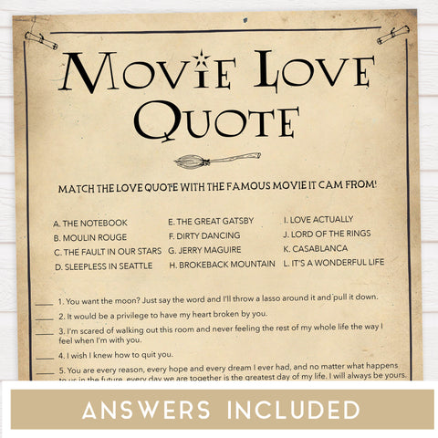 match the movie love quote game, movie love quote game, Printable bridal shower games, Harry potter bridal shower, Harry Potter bridal shower games, fun bridal shower games, bridal shower game ideas, Harry Potter bridal shower