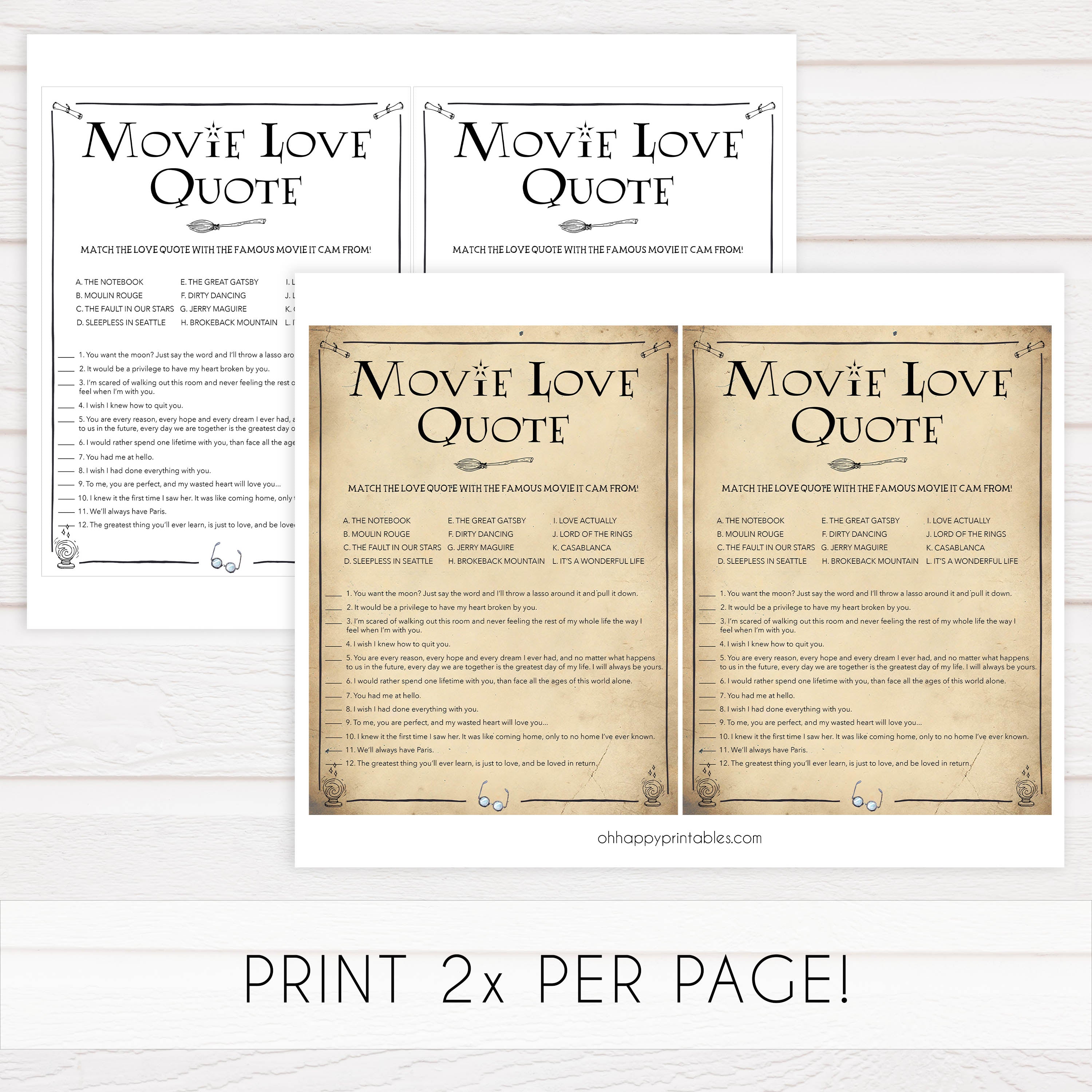 match the movie love quote game, movie love quote game, Printable bridal shower games, Harry potter bridal shower, Harry Potter bridal shower games, fun bridal shower games, bridal shower game ideas, Harry Potter bridal shower