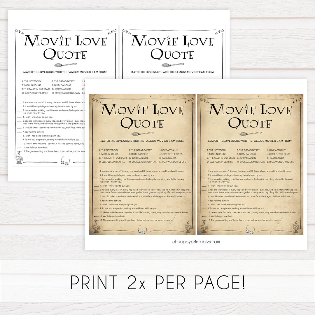 match the movie love quote game, movie love quote game, Printable bridal shower games, Harry potter bridal shower, Harry Potter bridal shower games, fun bridal shower games, bridal shower game ideas, Harry Potter bridal shower