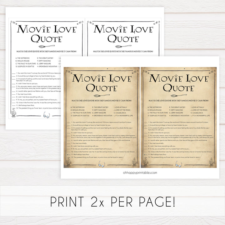 match the movie love quote game, movie love quote game, Printable bridal shower games, Harry potter bridal shower, Harry Potter bridal shower games, fun bridal shower games, bridal shower game ideas, Harry Potter bridal shower