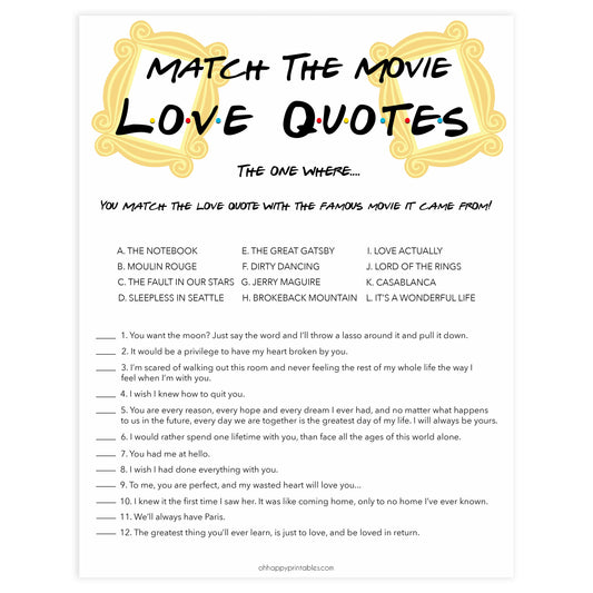 match the love quotes, Printable bridal shower games, friends bridal shower, friends bridal shower games, fun bridal shower games, bridal shower game ideas, friends bridal shower