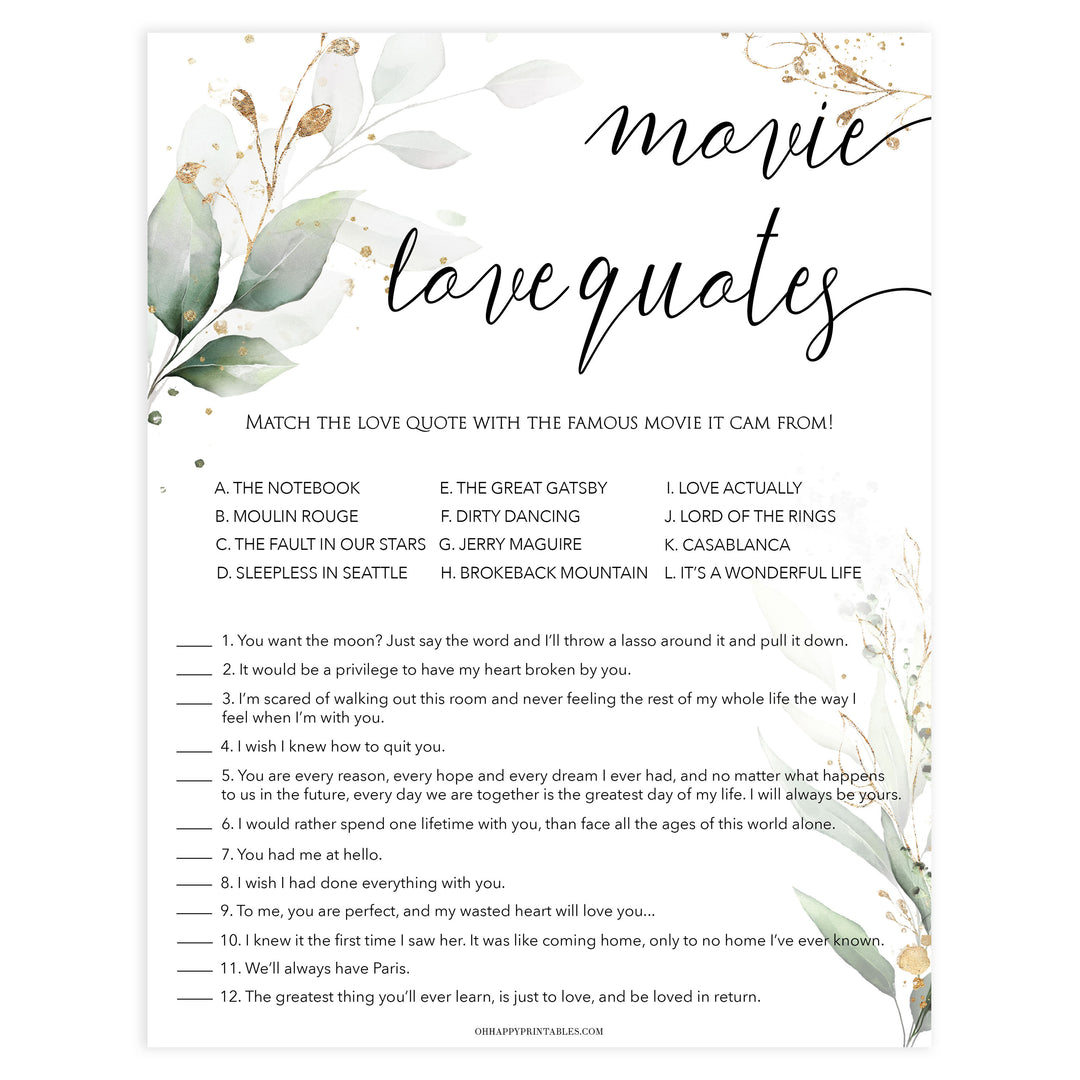 match the movie love quite game, Printable bridal shower games, greenery bridal shower, gold leaf bridal shower games, fun bridal shower games, bridal shower game ideas, greenery bridal shower